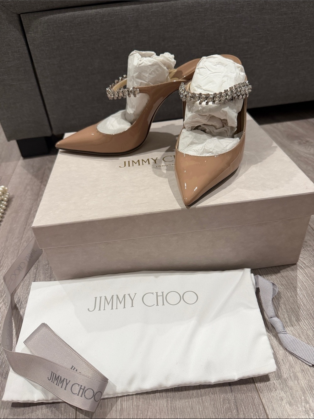 Jimmy Choo Beige Patent Leather Crystal-Embellished Pointed Mules